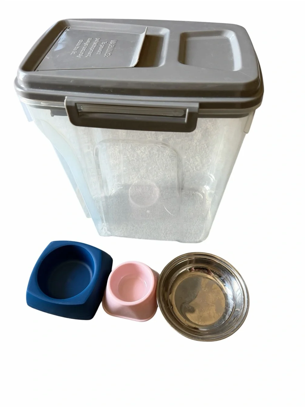 Gray Airtight Food Storage Container with Blue and Pink Silicone Pet Bowls